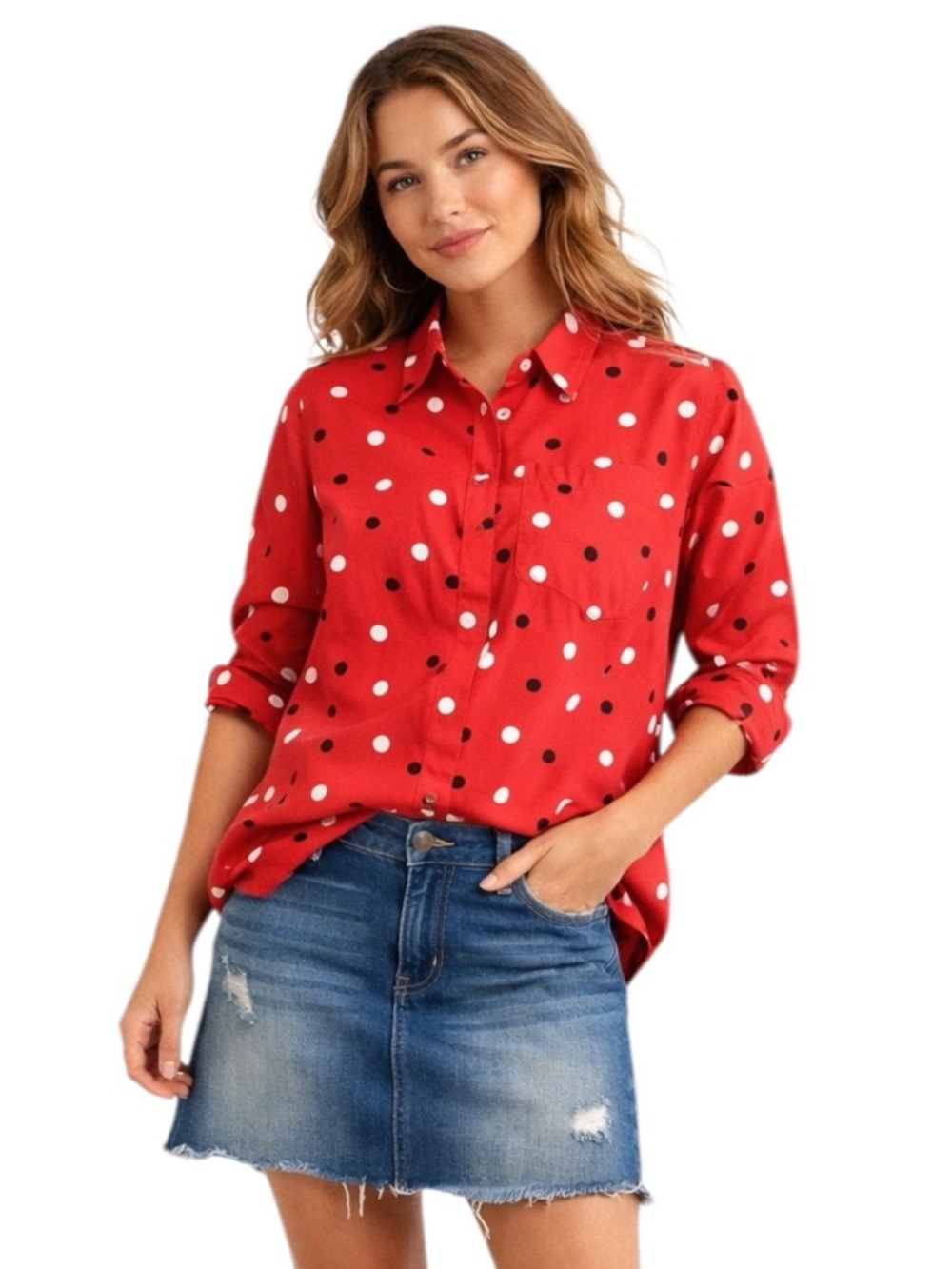 Vintage LizSport Red Button Down Blouse Oversized Small Petite 100% Cotton Dots‎